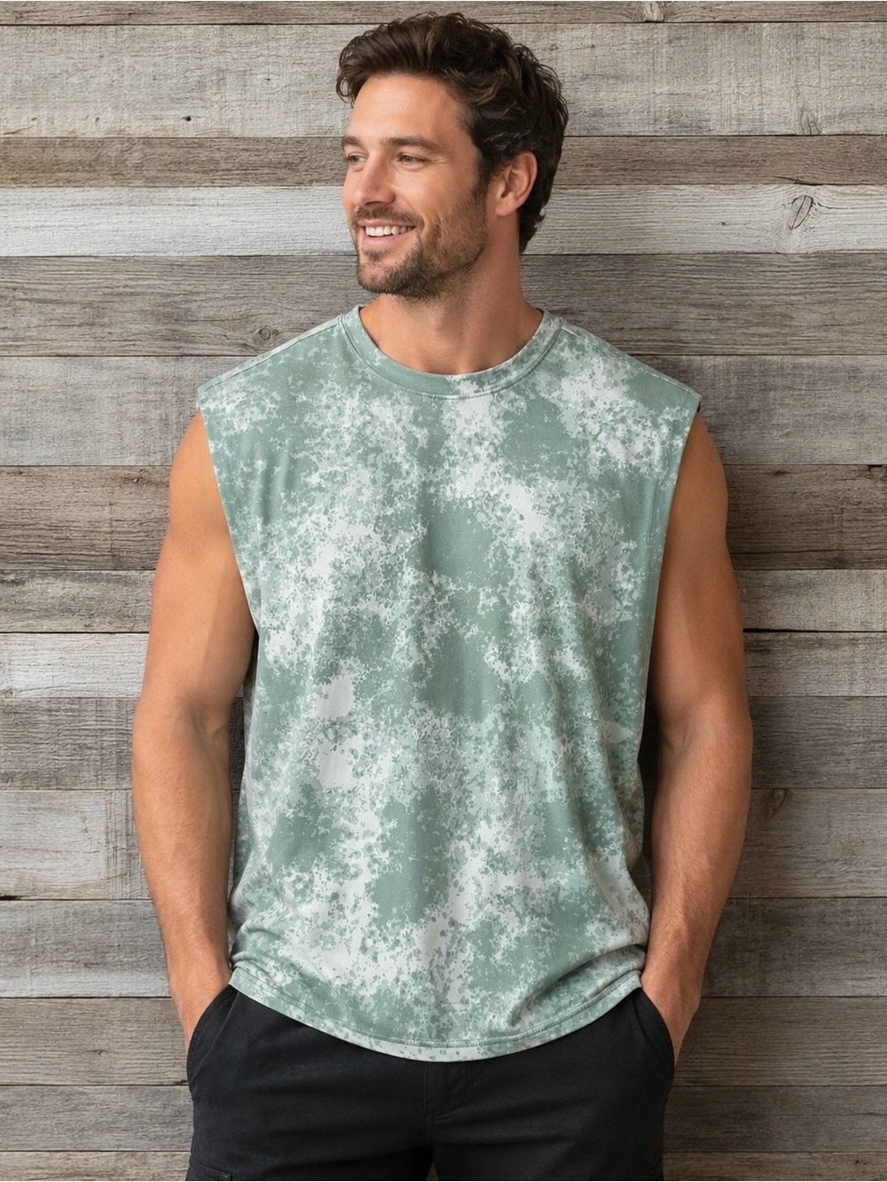 NWT DIP Men's XL Tank Top Sleeveless Muscle Tee Green Abstract Print Stretch